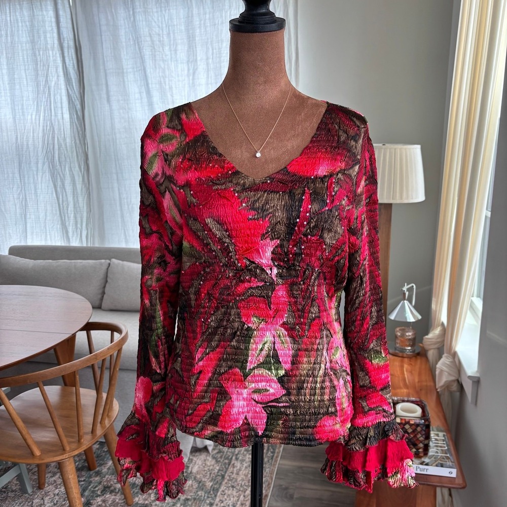 Y2K Vintage Alberto Makali Floral Beaded Top Crinkle Blouse Boho Fairy Medium